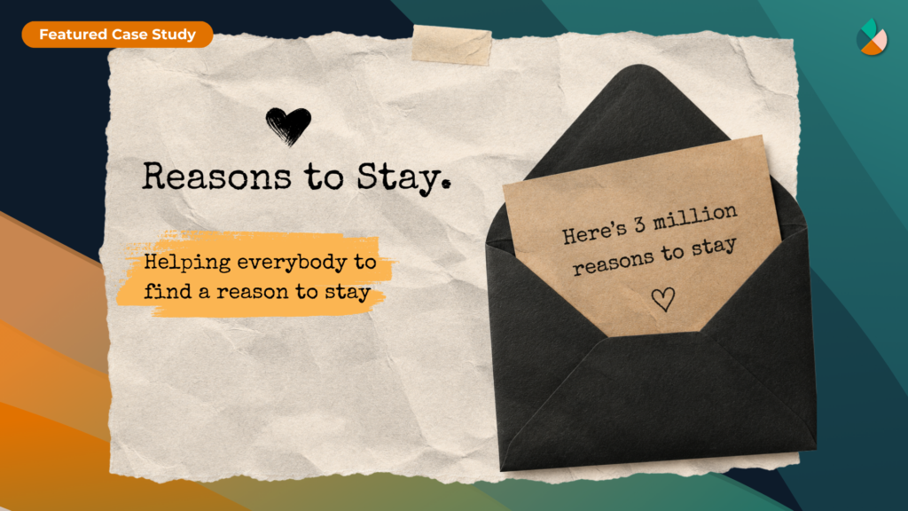 A decorative graphic with a crumpled paper background. There's an envelope on the top on the right which says '3 million reasons to stay'. The reasons to stay logo and tagline are listed.