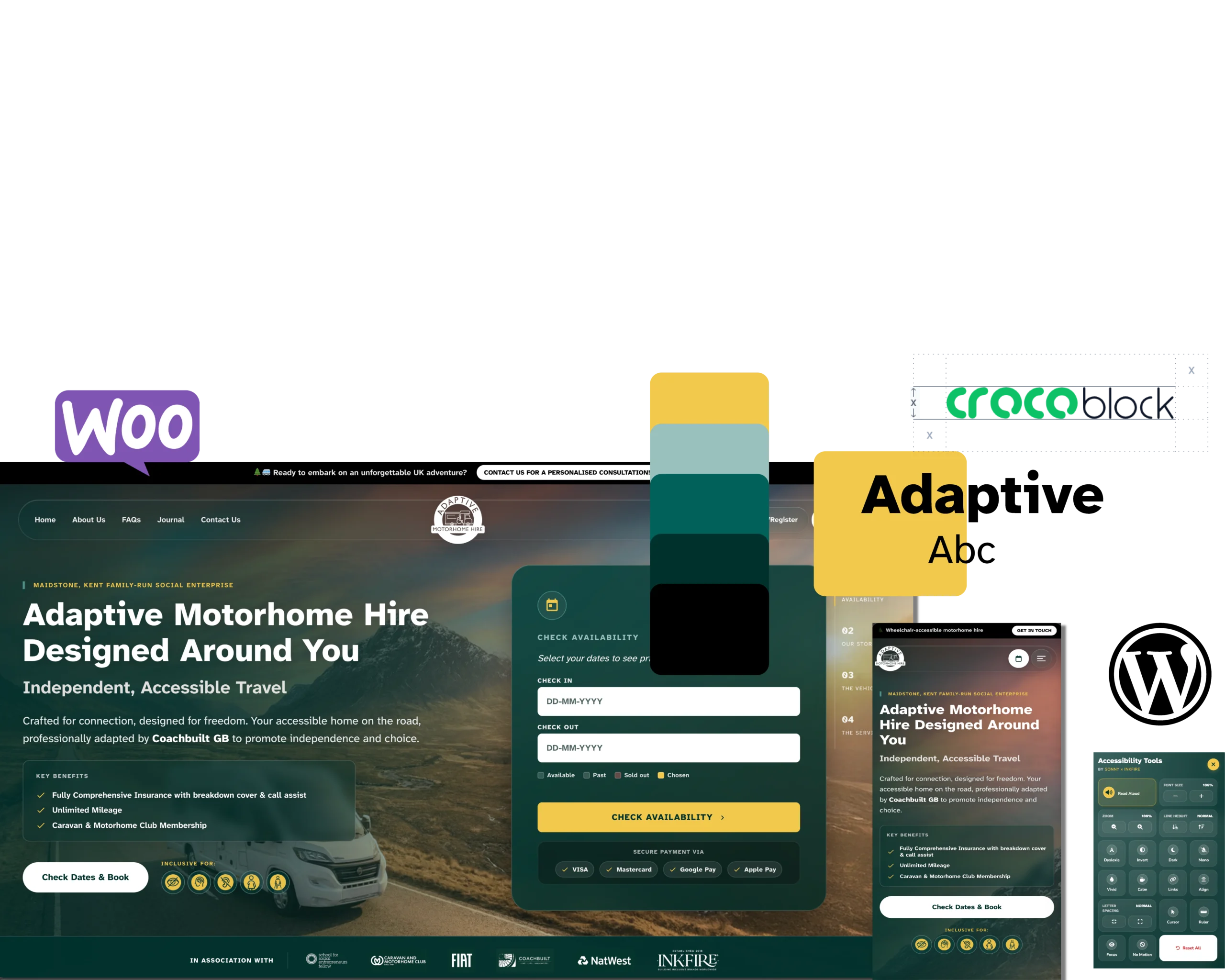 Adaptive Motorhome Hire design board showing desktop and mobile layouts, the colour palette, typography and booking interface.