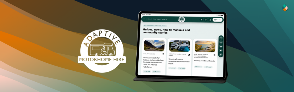 1 for Case Study: Adaptive Motorhome Hire logo next to a mockup of their website on a laptop